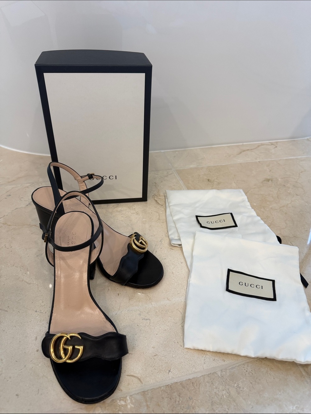 Gucci Black Leather GG Logo Marmont ankle strap sandals